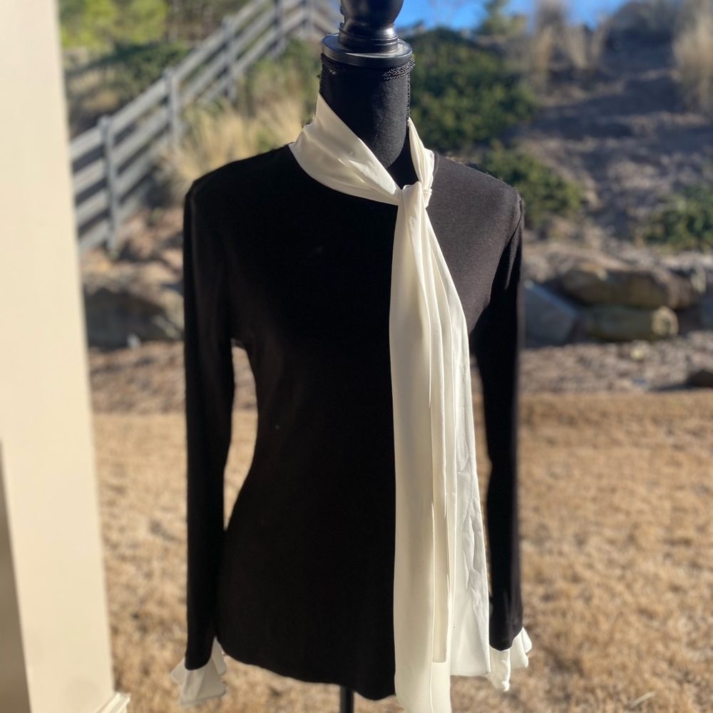 White House Black Market Black Blouse with white cream sash